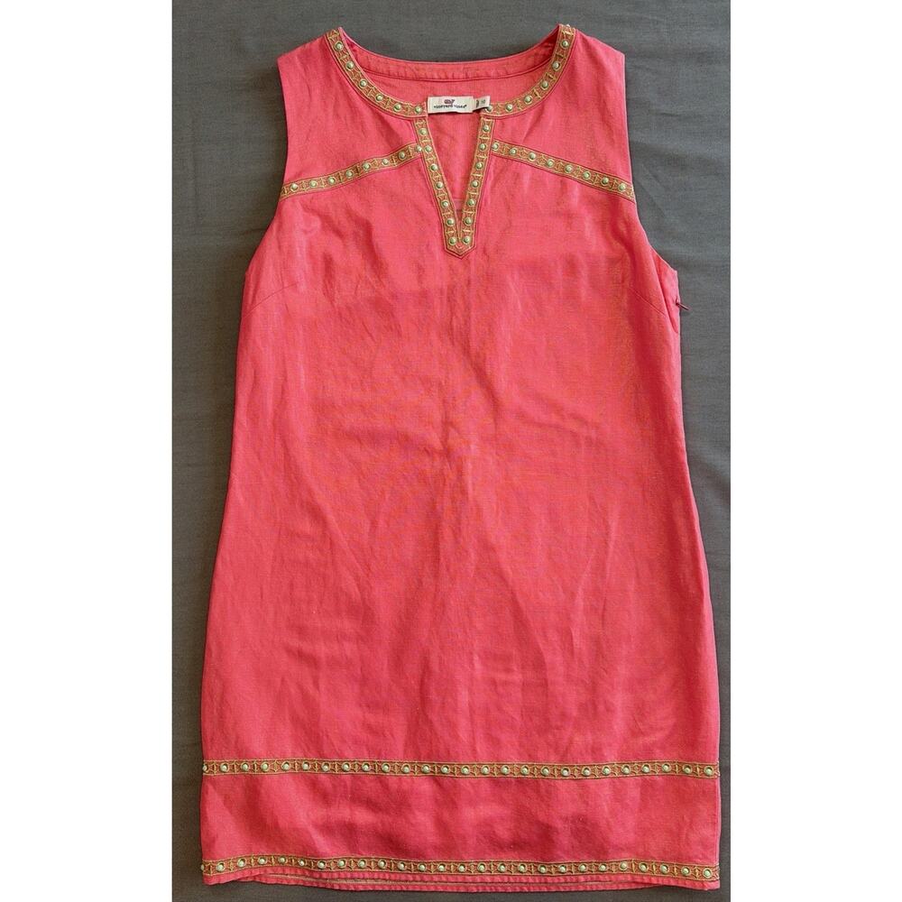 Vineyard Vines Dress Womens 10 Pink Beaded Sleeveless Linen Blend Tunic Shift